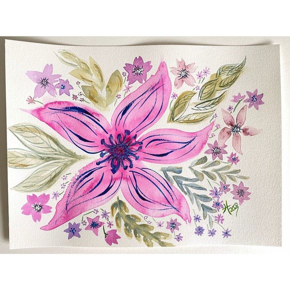 Happily Pink - Original Wall Art Handmade Watercolor Flower Artist Signed Painti - Picture 4 of 10